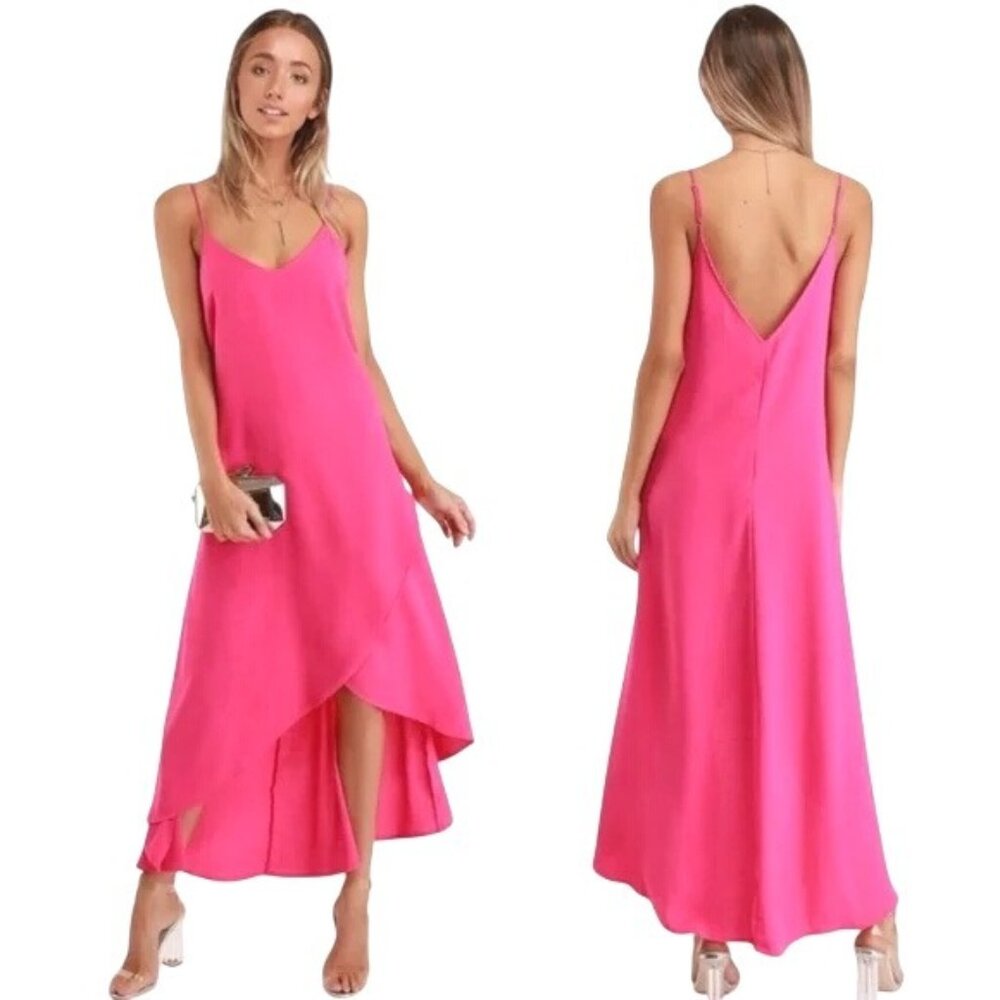 Lulus Sweet Surprise Bright Pink Asymmetrical Hem Maxi Dress Spaghetti Straps XS